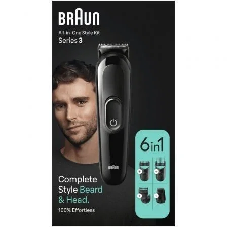 Braun Kit de Estilo y Afeitado Todo en Uno Series 3 MGK3410 - 6 en 1 con Recortador de Barba y Pelo, Recargable y Lavable, Autonomía 50 min, Incluye 6 Accesorios y Batería